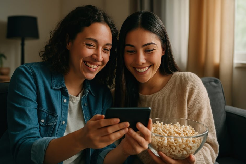 imagem feita por ia de duas amigas assistindo a doramas pelo celular e comendo pipoca. A imagem representa assistir doramas em frances.
